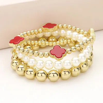 Fashnzfab 4pcs - Quatrefoil Pointed Metal Ball Pearl Beaded Stretch Multi Layered Bracelets