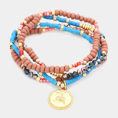 Fashnzfab 4pcs - Rhinestone Evil Eye Metal Round Charm Heishi Wood Faceted Beaded Stretch Bracelets In Pink