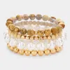 Fashnzfab 4pcs - Semi Precious Pearl Wood Beaded Stretch Bracelets Neutral In Sand