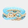 Fashnzfab 4pcs - Semi Precious Stone Pointed Double Open Metal Circle Link Faceted Beaded Stretch Bracelets In Blue
