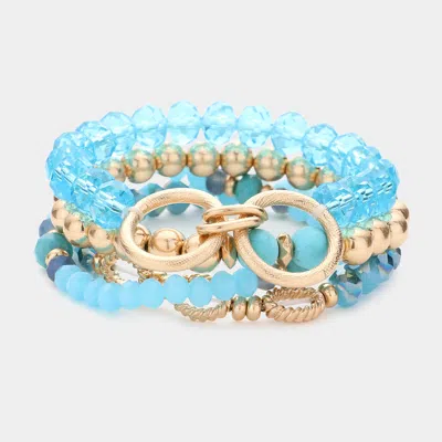 Fashnzfab 4pcs - Semi Precious Stone Pointed Double Open Metal Circle Link Faceted Beaded Stretch Bracelets In Blue