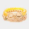 Fashnzfab 4pcs - Semi Precious Stone Pointed Double Open Metal Circle Link Faceted Beaded Stretch Bracelets In Brown