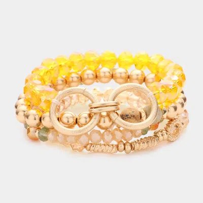 Fashnzfab 4pcs - Semi Precious Stone Pointed Double Open Metal Circle Link Faceted Beaded Stretch Bracelets In Brown