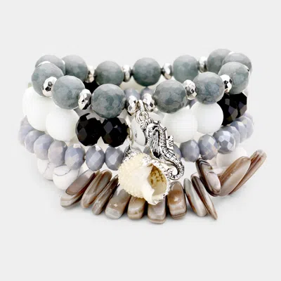 Fashnzfab 4pcs - Semi Precious Stone Seahorse Beaded Stretch Bracelets In Multi