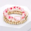 Fashnzfab 4pcs - Semi Precious Stone Wood Ball Stretch Bracelets In Red