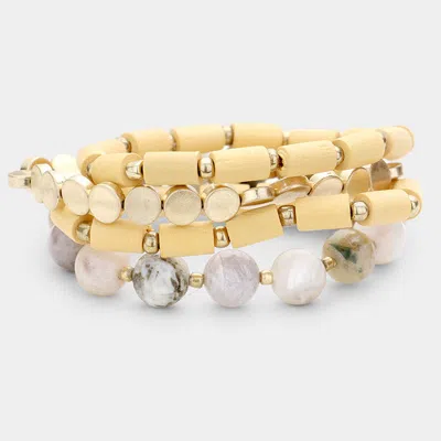 Fashnzfab 4pcs - Semi Precious Wood Bead Stretch Bracelets In Multi