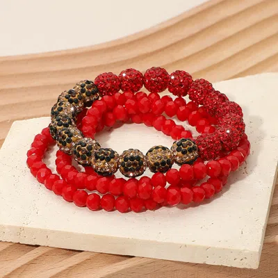 Fashnzfab 4pcs - Shamballa Ball Faceted Beaded Stretch Multi Layered Bracelets In Red