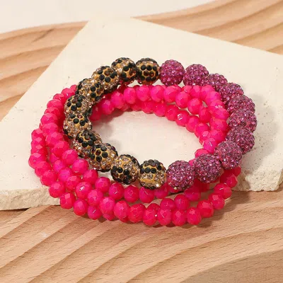 Fashnzfab 4pcs - Shamballa Ball Faceted Beaded Stretch Multi Layered Bracelets In Pink
