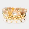 Fashnzfab 4pcs - Stone Wood Metal Ball Beaded Stretch Bracelets In Sand