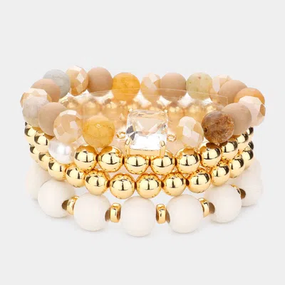Fashnzfab 4pcs - Stone Wood Metal Ball Beaded Stretch Bracelets In Sand