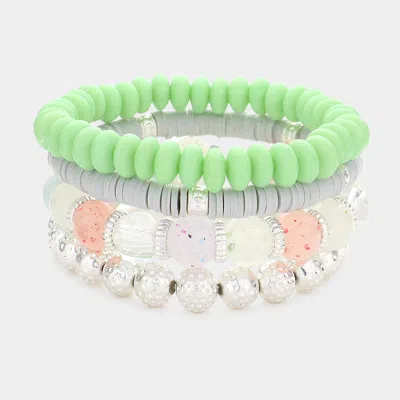 Fashnzfab 4pcs - Textured Metal Ball Heishi Beaded Stretch Bracelets In Green