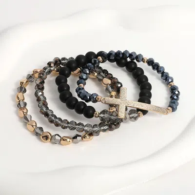 Fashnzfab 4pcs - Textured Metal Cross Pointed Natural Stone Faceted Beaded Stretch Multi Layered Bracelets