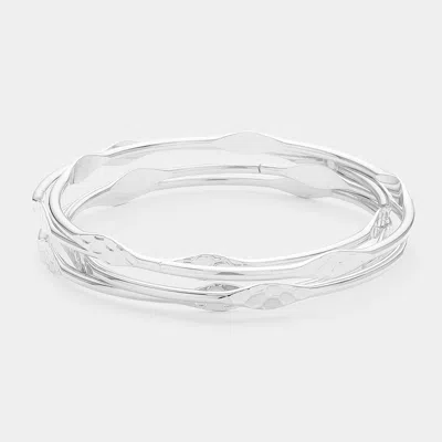 Fashnzfab 4pcs - Textured Metal Pointed Multi Layered Bangle Bracelets Rhodium