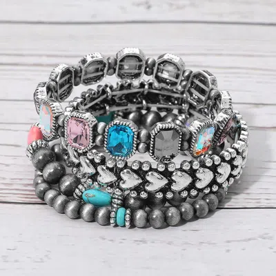 Fashnzfab 4pcs - Vintage Gem Beaded Stretch Multi Layered Bracelets - Multi, Silver Burnished