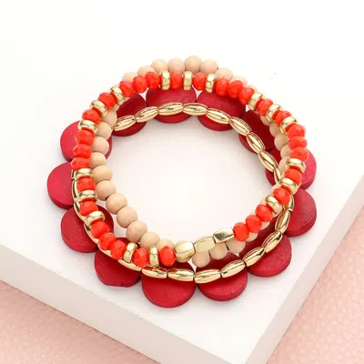Fashnzfab 4pcs - Wood Ball Faceted Beaded Stretch Bracelets In Red