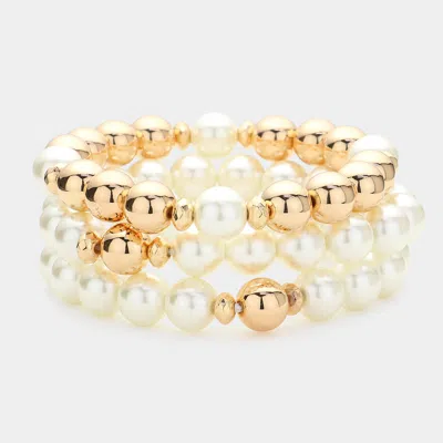 Fashnzfab 4pcs - Worn Metal Chain Link Accent Beaded Stretch Multi Layered Bracelets