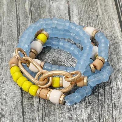 Fashnzfab 4pcs - Worn Metal Chain Link Accent Beaded Stretch Multi Layered Bracelets In Blue