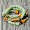 Fashnzfab 4pcs - Worn Metal Chain Link Accent Beaded Stretch Multi Layered Bracelets In Green