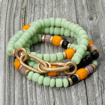 Fashnzfab 4pcs - Worn Metal Chain Link Accent Beaded Stretch Multi Layered Bracelets In Green