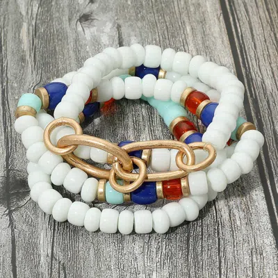 Fashnzfab 4pcs - Worn Metal Chain Link Accent Beaded Stretch Multi Layered Bracelets In White