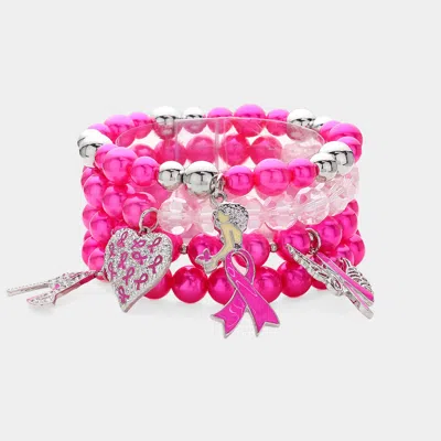 Fashnzfab 4pcs - 1.4" H Ribbon Afro Woman High Heel Wing Heart Charm Pearl Beaded Stretch Multi Layered Bracel In Pink
