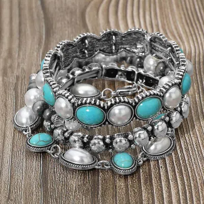 Fashnzfab 4pcs - Boho Oval Round Stone Pearl Embellished Stretch Multi Layered Bracelets In Metallic