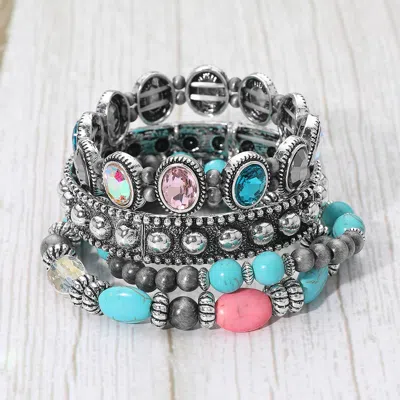 Fashnzfab 4pcs - Boho Round Iridescent Stone Natural Stone Accent Beaded Stretch Multi Layered Bracelets - Mul In Blue