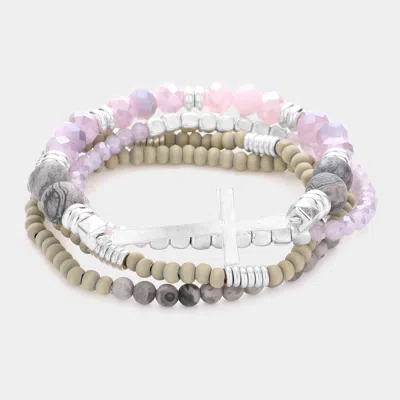 Fashnzfab 4pcs - Cross Charm Accented Wood Ball Faceted Beaded Stretch Bracelets Gray In Pink