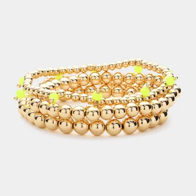 Fashnzfab 4pcs - Faceted Beads Station Metal Ball Stretch Multi Layered Bracelets Gold, Yellow