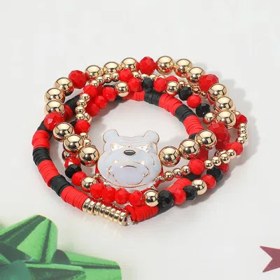 Fashnzfab 4pcs - Gameday Bulldog Mascot Charm Accent Heishi Beaded Stretch Multi Layered Bracelets