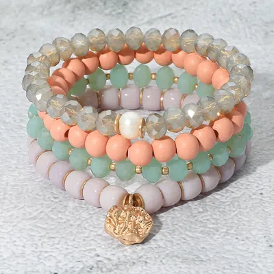 Fashnzfab 4pcs - Irregular Metal Round Charm Natural Stone Wood Beaded Stretch Bracelets Coral In Silver