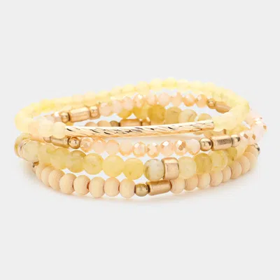Fashnzfab 4pcs - Metal Bar Pointed Faceted Beads Wood Ball Beaded Stretch Multi Layered Bracelets Neutral, Wor In Gold