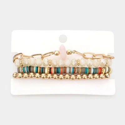 Fashnzfab 4pcs - Natural Stone Accented Chain Bracelet Multi Beaded Stretch Bracelets Set Burgundy, Pink In Red