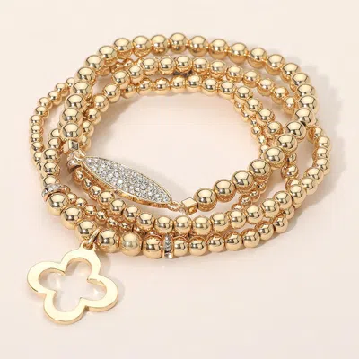 Fashnzfab 4pcs - Open Quatrefoil Charm Accent Metal Ball Beaded Stretch Multi Layered Bracelets In Silver