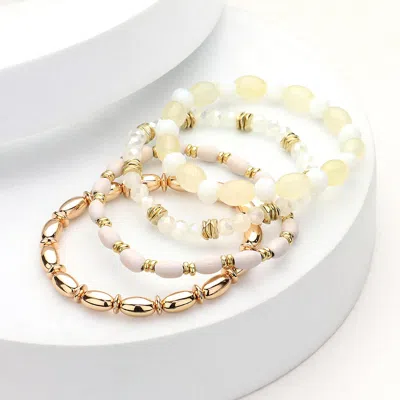 Fashnzfab 4pcs - Oval Wood Metal Faceted Beaded Stretch Multi Layered Bracelets Gold, White In Silver