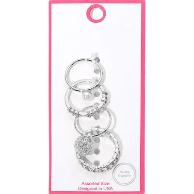 Fashnzfab 4pcs - Pearl Stone Shamballa Ball Accent Stackable Ring Set In Silver