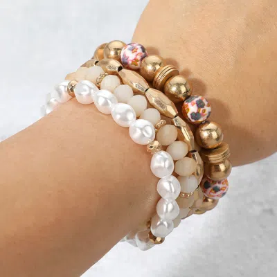 Fashnzfab 4pcs - Printed Ball Pearl Faceted Beaded Stretch Bracelets In Multi