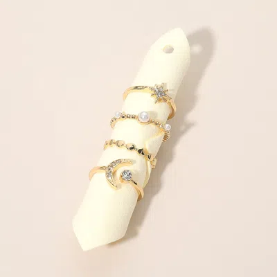Fashnzfab 4pcs - Rhinestone Pave Crescent Starburst Pearl Accent Stackable Ring Set In Silver