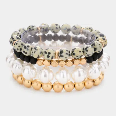 Fashnzfab 4pcs - Semi Precious Pearl Wood Beaded Stretch Bracelets Black, Neutral In Silver