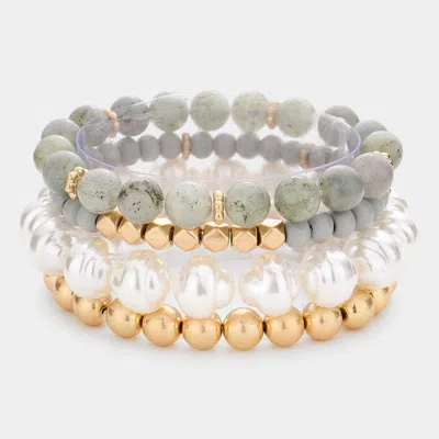 Fashnzfab 4pcs - Semi Precious Pearl Wood Beaded Stretch Bracelets Gray In Silver