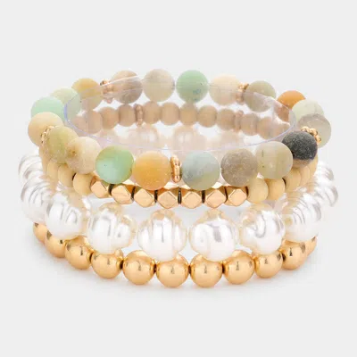 Fashnzfab 4pcs - Semi Precious Pearl Wood Beaded Stretch Bracelets Mint In Silver