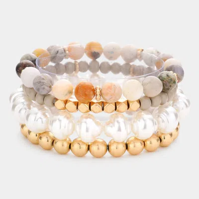 Fashnzfab 4pcs - Semi Precious Pearl Wood Beaded Stretch Bracelets In Silver
