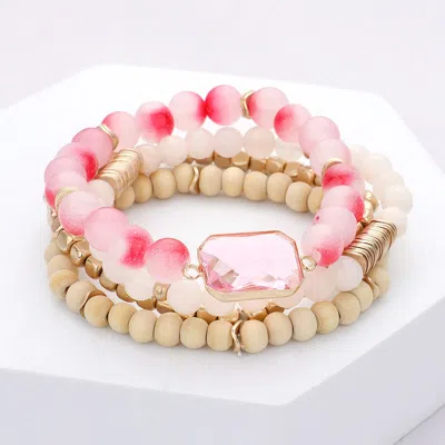 Fashnzfab 4pcs - Semi Precious Stone Wood Ball Stretch Bracelets Red In Pink