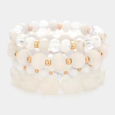 Fashnzfab 4pcs - Semi Precious Wood Faceted Beaded Stretch Bracelets In White