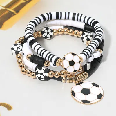 Fashnzfab 4pcs - Soccer Charm Heishi Beaded Stretch Multi Layered Bracelets In Silver