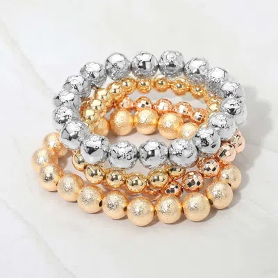 Fashnzfab 4pcs - Textured Metal Ball Beaded Stretch Multi Layered Bracelets In Silver