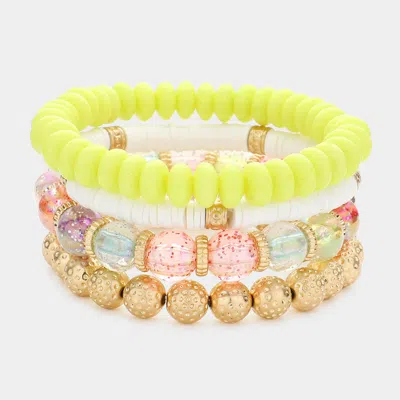 Fashnzfab 4pcs - Textured Metal Ball Heishi Beaded Stretch Bracelets Yellow In Green