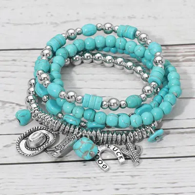 Fashnzfab 4pcs - Western Cactus Horseshoe Cowboy Hat Boot Charm Beaded Stretch Multi Layered Bracelets In Pink