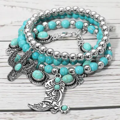 Fashnzfab 4pcs - Western Cowboy Boot Cactus Charm Turquoise Beaded Stretch Concho Link Multi Layered Bracelets In Blue