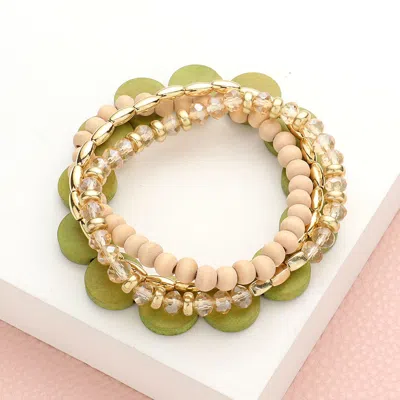 Fashnzfab 4pcs - Wood Ball Faceted Beaded Stretch Bracelets Olive Green In Silver